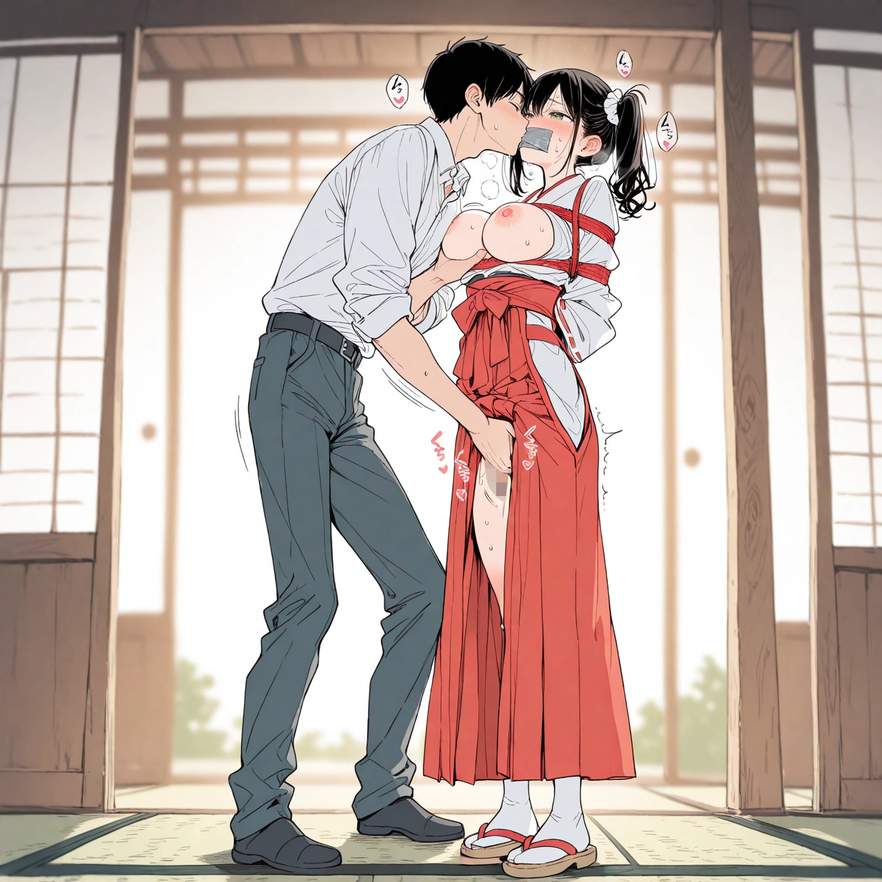 ポニテの巫女さんをガムテープでふさいで拘束レイプ！！ 2