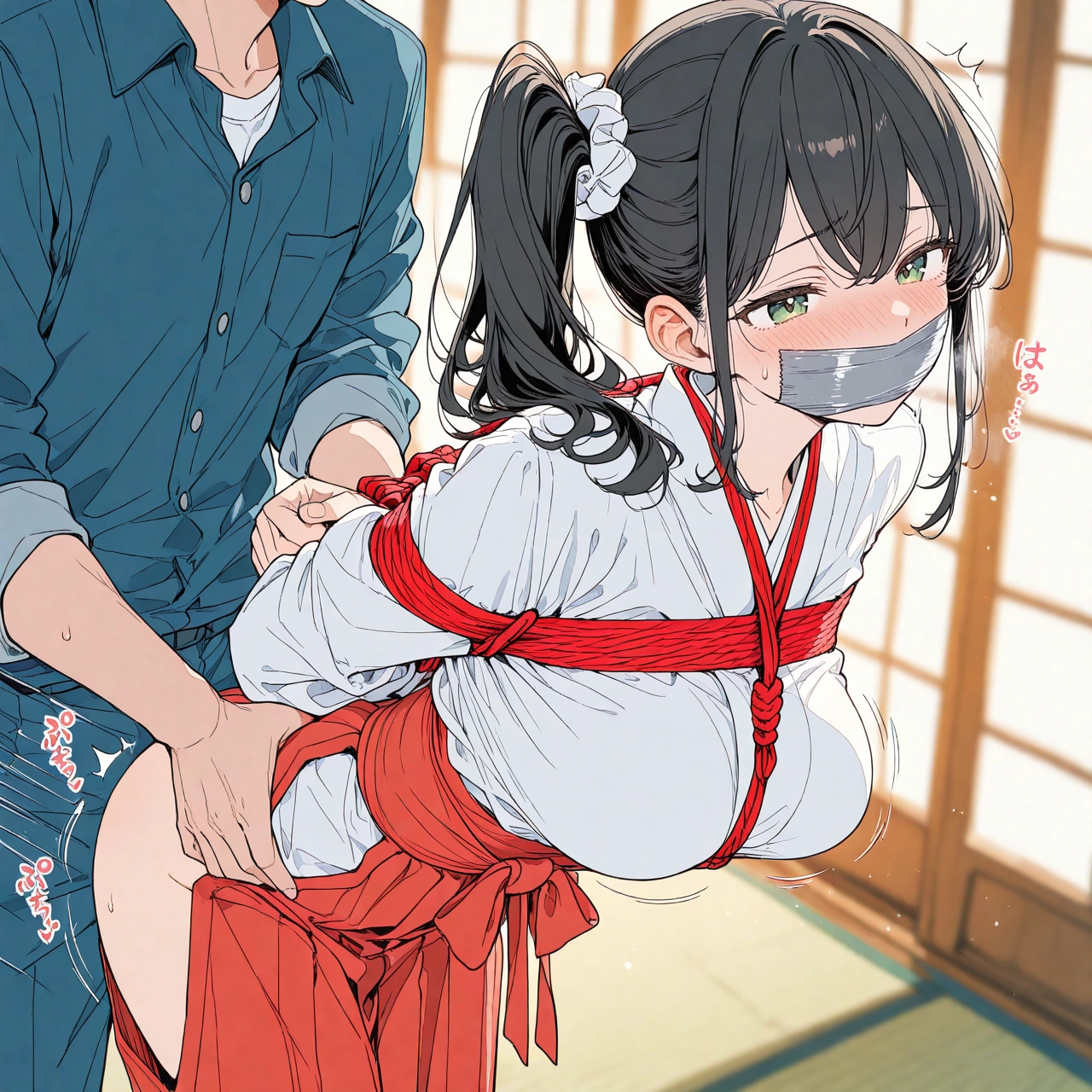 ポニテの巫女さんをガムテープでふさいで拘束レイプ！！ 20