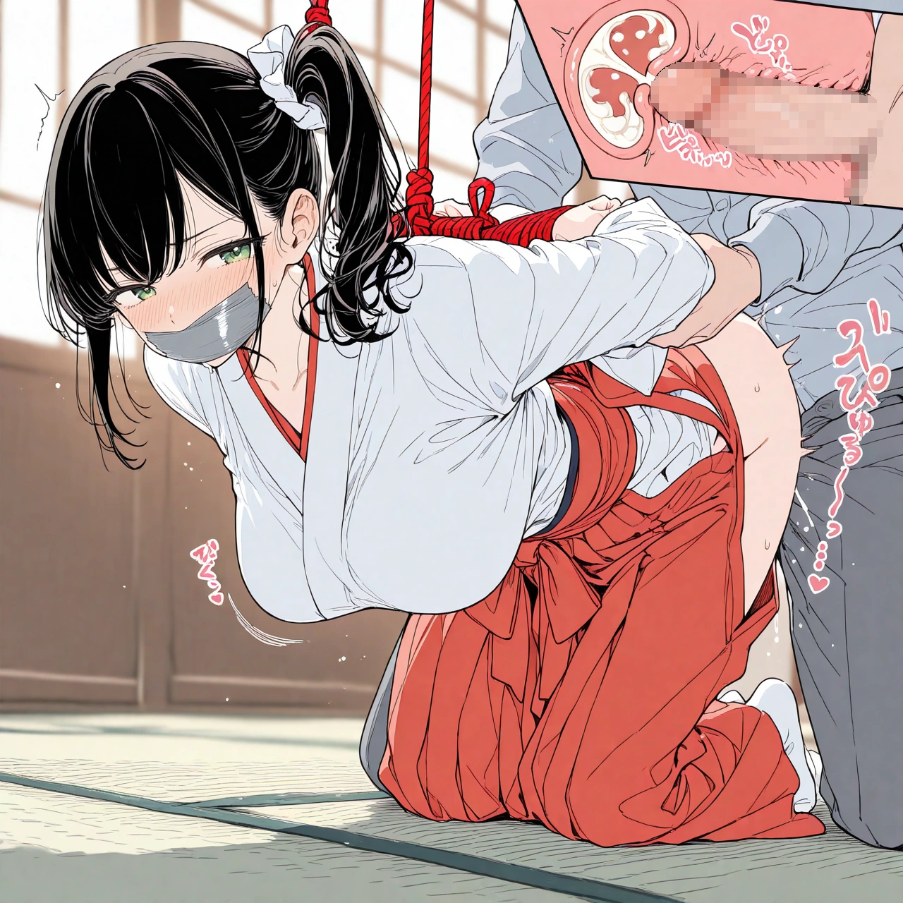 ポニテの巫女さんをガムテープでふさいで拘束レイプ！！ 21